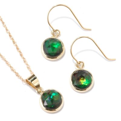 14K Gold Round Faceted Ammolite Pendant & Earrings Set
