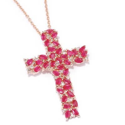 14K RG Ruby & Diamond Cross Pendant w/ Chain