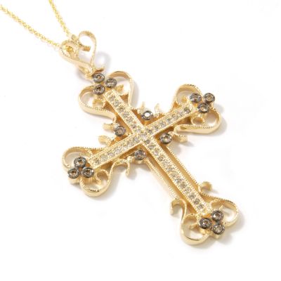 14K White & Cognac Diamond Cross Pendant w/ Chain