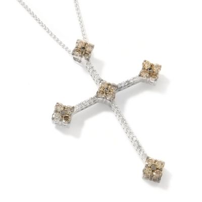 18K WG 1.65ct Cognac & White Diamond Cross Pendant w/ Chain