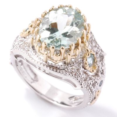 14K WG/YG Amblygonite, Seafoam Tourmaline & Diamond Ring