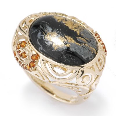 14K Gold Magnetite Jadeite, Madeira Citrine & Diamond Ring