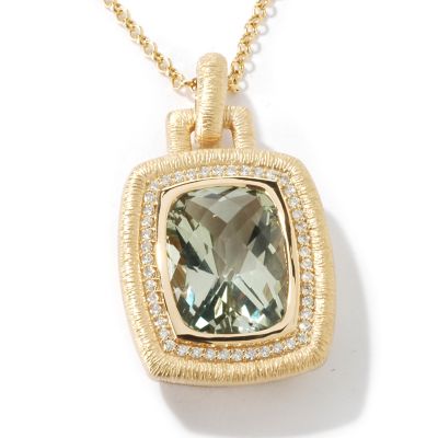 18K Gold Prasiolite & Diamond Textured Pendant w/ Chain