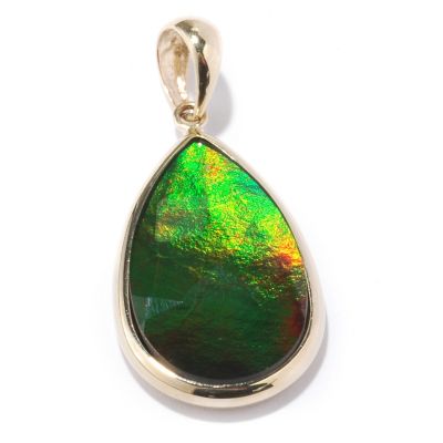 14K Gold Faceted Pear Cut Ammolite Pendant