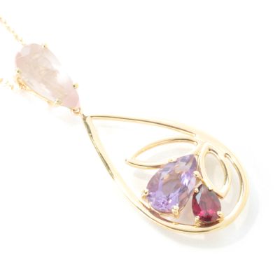 J182494 - 14K Gold Pink Quartz, Amethyst & Brazilian Garnet Pendant w/ 18" Chain