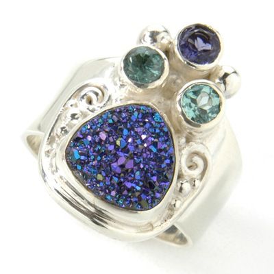 Sterling Silver Druzy, Apatite & Iolite Ring
