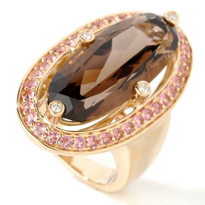 14K Smoky Quartz, Pink Tourmaline & Diamond Ring