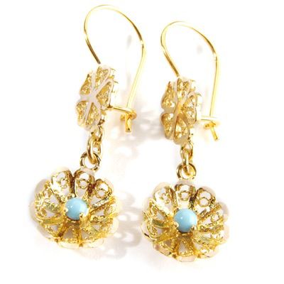 21K Filigree & Turquoise Enamel Dangle Earrings