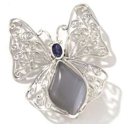 Sterling Silver Fiber Optic & Iolite Pin / Pendant