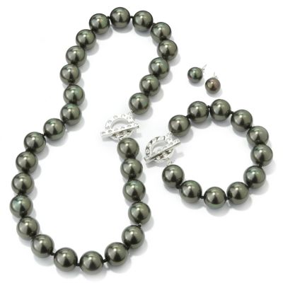 Sterling Silver Simulated Pearl & CZ Necklace / Bracelet / Earrings Set