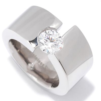 Stainless Steel Cubic Zirconia Signity&reg; Stone Off-Center Ring