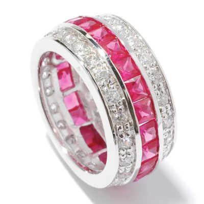 Sterling Silver Created Ruby & Cubic Zirconia Three-Row Eternity Ring