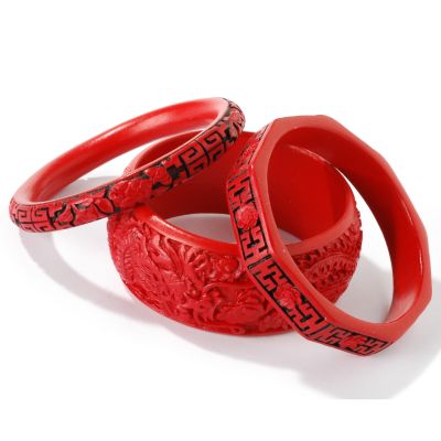 J202789 - Set of Three 8" Red Cinnabar Hand-Carved Bangle Bracelets