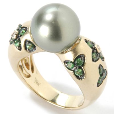 14K Gold Green 10-11mm Cultured Tahitian Pearl & Tsavorite Ring