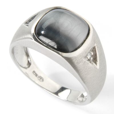 10K White Gold Men's Cats Eye & Diamond Accent Ring