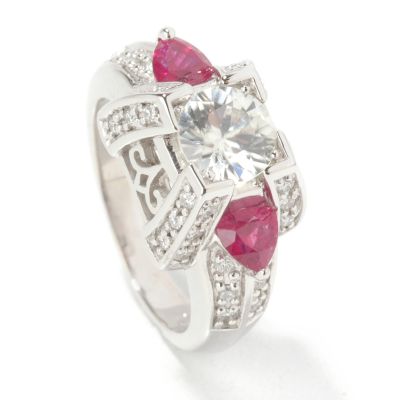 J203035 - 14K White Gold Vintage-Style  White Zircon, Ruby & Diamond Ring