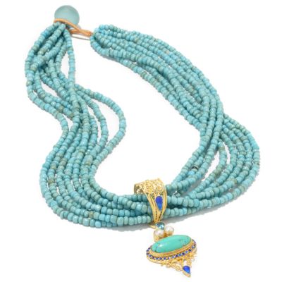 J203181 - Sterling Silver / 24K Vermeil Turquoise & Multi-Gem Pendant w/ Beaded Chain