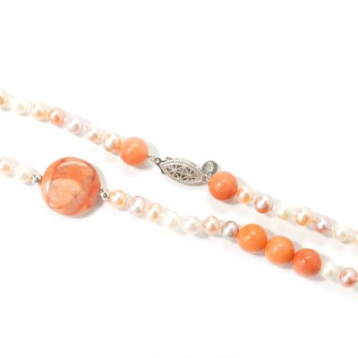 J203232 - Sterling Silver 52" "Peaches n Cream" Aventurine & Cultured Pearl Necklace