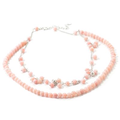 J203253 - Sterling Silver 18" Pink Opal Dual-Strand Necklace w/ 2" Extender
