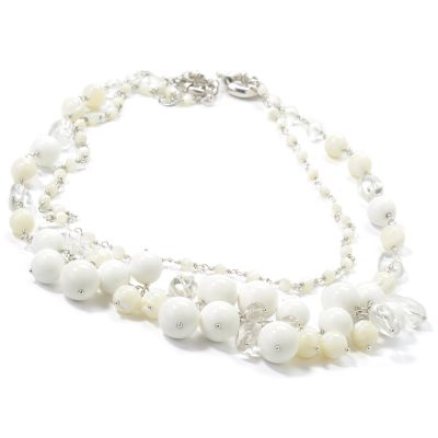 J203274 - Sterling Silver 36" White Agate, Clear Quartz & Mother-of-Pearl Necklace