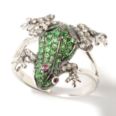 J203299 - 18K White Gold Green Garnet, Diamond & Ruby Frog Ring