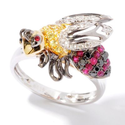 J203305 - 14K White Gold White / Black Diamond, Yellow Sapphire & Ruby Bee Ring