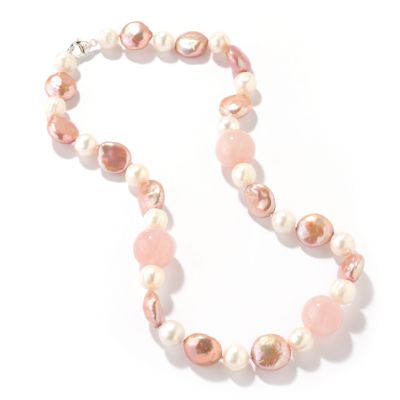 J203524 - Sterling Silver 17.5" White / Pink Cultured Pearl & Rose Quartz Necklace