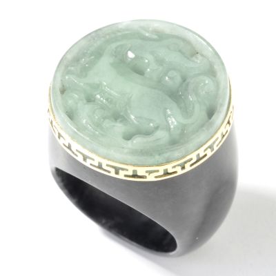 14K Gold Charcoal Jade & Green Jade or Tiger Eye Dragon Ring