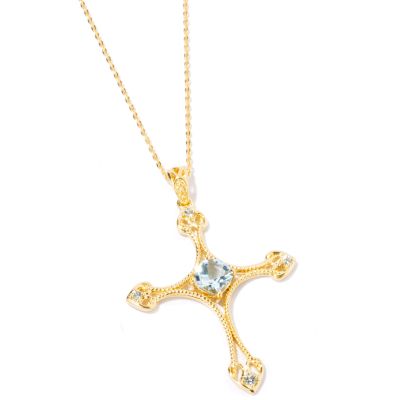Sterling Silver / Vermeil Aquamarine Cross Pendant w/ 18" Chain