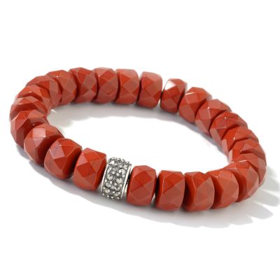 Sterling Silver 7" Red Jasper & Marcasite Stretch Bracelet