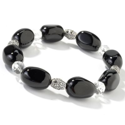 Sterling Silver 7" Black Agate, Rock Crystal & Marcasite Stretch Bracelet