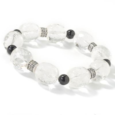 Sterling Silver 7" Rock Crystal, Black Agate & Marcasite Stretch Bracelet