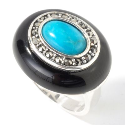Sterling Silver Onyx, Turquoise & Marcasite Ring