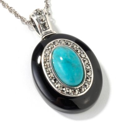 Sterling Silver Black Agate, Turquoise & Marcasite Pendant w/ Chain