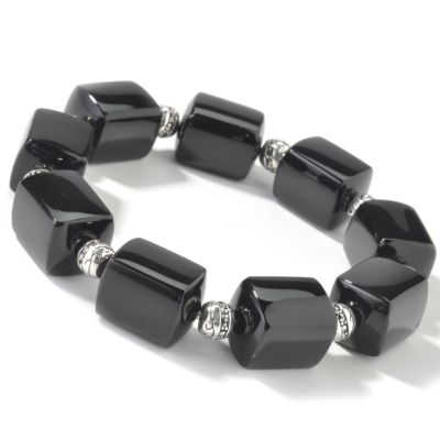 Sterling Silver 7" Black Agate & Marcasite Stretch Beaded Bracelet