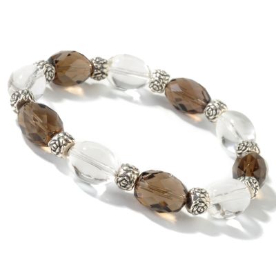 Sterling Silver 7" Rock Crystal & Smoky Quartz Stretch Bracelet