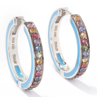 Sterling Silver Blue Enamel Multi-Color Sapphire Hoop Earrings
