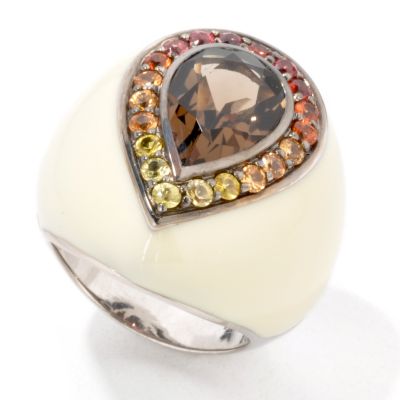 Sterling Silver Cream Enamel Smoky Quartz & Multi-Color Sapphire Ring