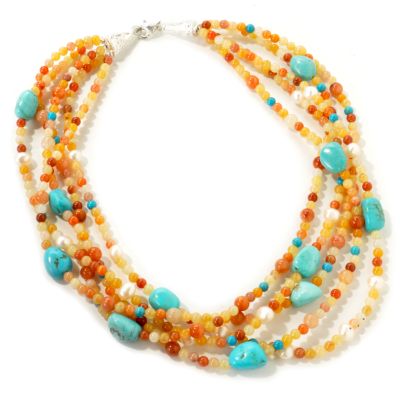 Sterling Silver 18" Color Gem Choice, Cultured Pearl & Turquoise Necklace