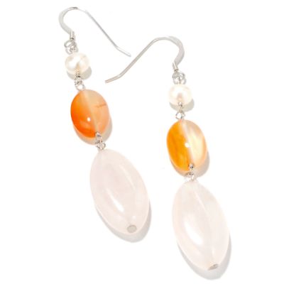 Sterling Silver Cultured Pearl, Rose Quartz & Carnelian Earrings