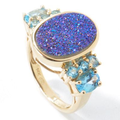 14K Gold Druzy & Blue Topaz Ring