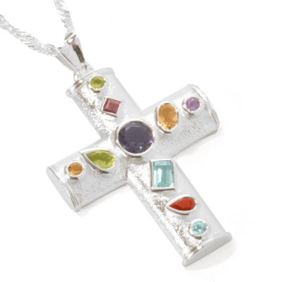 Sterling Silver Multi-Gem Cross Pendant w/ Chain