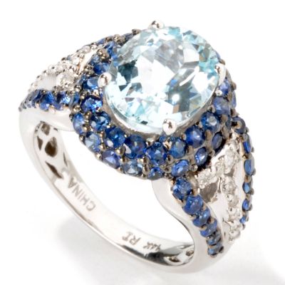 14K White Gold Aquamarine, Sapphire & Diamond Ring