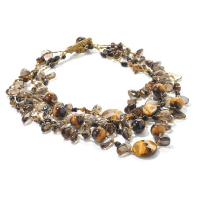 18" Tiger Eye, Onyx & Smoky Quartz Four-Row Cord Necklace