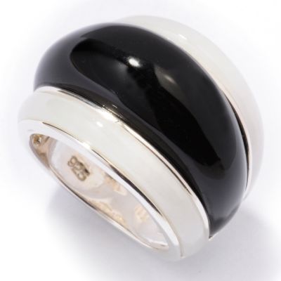Sterling Silver Black Onyx & White Jade Band Ring