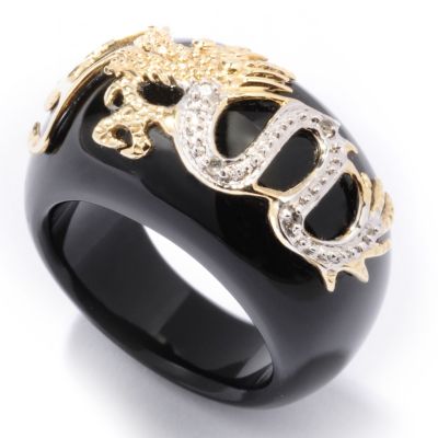 14K White / Yellow Gold Onyx & Diamond Accent Dragon Band Ring