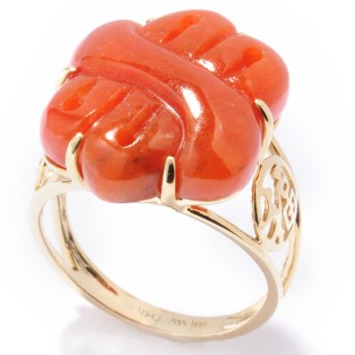 14K Gold Red Jade Ring