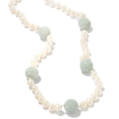 Sterling Silver 20" White Freshwater Cultured Pearl & Jade Station Necklace