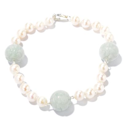 Sterling Silver 8" White Freshwater Cultured Pearl & Jade Station Bracelet
