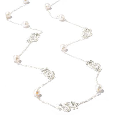 Sterling Silver 36" Freshwater Cultured Pearl & Dragon Station Necklace
